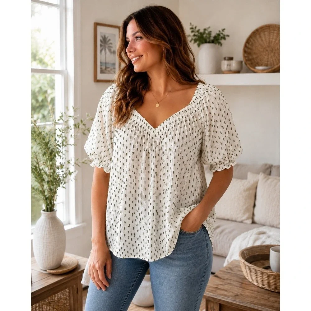LOFT White Swiss Dot Puff Sleeve Peasant Blouse Medium Boho Cottagecore Top